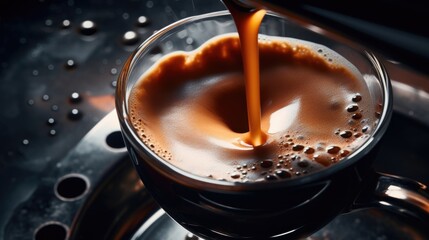 Wall Mural - steaming cup of coffee being poured into a clear glass, a mesmerizing swirl of rich brown liquid