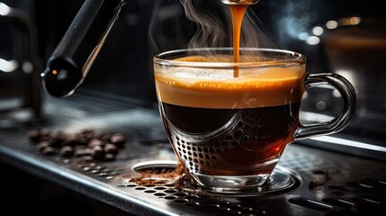 Wall Mural - steaming cup of coffee being poured into a clear glass, a mesmerizing swirl of rich brown liquid