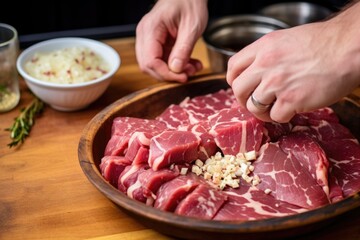 Poster - hand adding crushed garlic to marinating meat