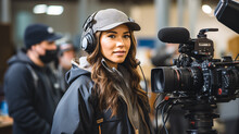 Professional Cameraman With Headphones With HD Camcorder In Live Television. Content Maker Female Camera Operator Filming. 


