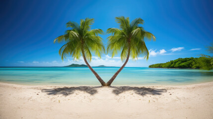 Wall Mural - heart shaped palm trees on a tropical beach with sea background