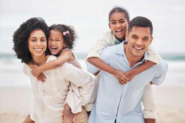 Poster - Beach, portrait or parents with happy kids in nature to enjoy a family holiday vacation in New Zealand. Travel, piggy back or father at sea or ocean with mom or children to relax or bond together