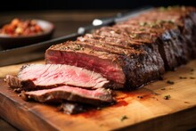 slicing steak on a wooden board to reveal interior