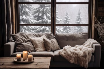 Canvas Print - snowy window view with a cozy couch