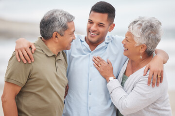 Poster - Man, senior parents or laughing at beach for bond, support or love with smile, care or pride in retirement. Hug, father or mature mother with a happy son at sea together on family holiday vacation