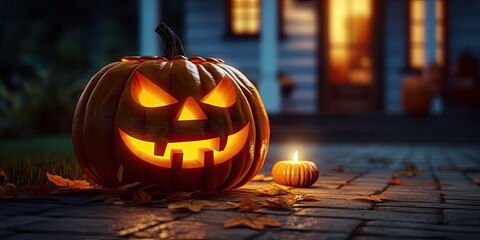 Enchanting halloween. Glowing jack o lantern. Spooky pumpkin lantern with house. October charm. Carved pumpkin grins