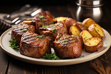 Canvas Print - lamb chops with grill marks plated with potatoes