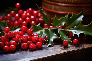 Wall Mural - close-up of holly berries and leaves on an altar