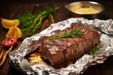 Canvas Print - wrapping marinated meat with tin foil for baking