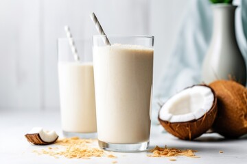 Wall Mural - wide shot of a coconut smoothie with a reusable straw
