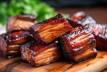 close-up of stacked marinated pork belly slices