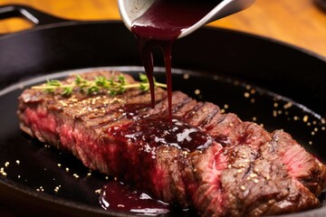 Sticker - red wine reduction sauce being brushed onto sizzling steak