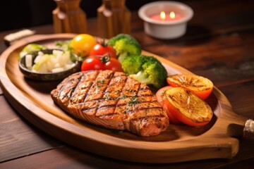 Wall Mural - salmon steak with grill marks served with fresh vegetables