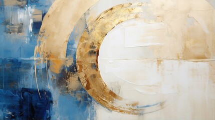 Wall Mural - Generative AI, Blue, golden and ivory white colors, circle shapes vintage painting background. Grunge old oil impasto painted wall texture