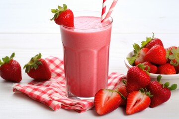 Poster - a strawberry shake next to a basket of fresh strawberries