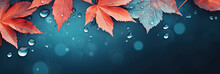 Beautiful Autumn Background With Red-orange Autumn Leaves On A Blue Background With Raindrops.