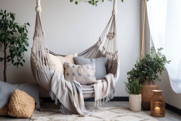 Wall Mural - an indoor hanging swing with plush pillows and a throw blanket