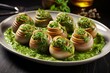 A dish of cooked snails topped with pesto sauce. Generative AI