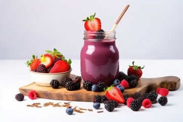 Sticker - smoothie in a glass jar with berries and a wooden spoon