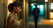 African American Young Beautiful Woman Standing Against The Wall, Breaking Up Man Walking Away