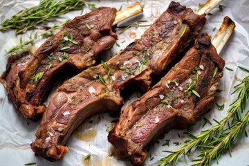 Poster - grilled lamb ribs with herbs like rosemary and rounds of garlic on parchment paper