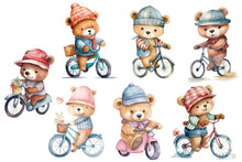 Safari Animal Set Hedgehog, Bear On Bikes In Watercolor Style. Ideal For Postcard, Book, Poster, Card, Banner. Isolated Vector Illustration