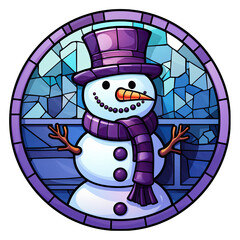 Wall Mural - Christmas purple and blue colored snowman stained glass circular illustration