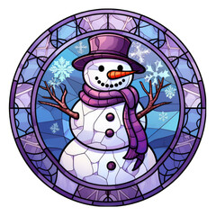 Wall Mural - Christmas purple and blue colored snowman stained glass circular illustration