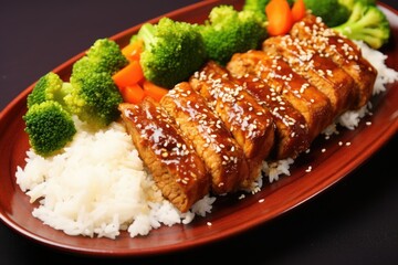 Sticker - teriyaki tofu steak on a plate, garnished with sesame seeds