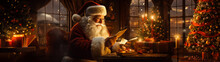 A Heartfelt Scene Of Santa Claus Joyfully Reading Some Notes While Sitting In A Cozy, Festively Decorated Room Surrounded By Christmas Trees And Gifts.
