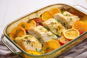 Sticker - marinated fish in a baking dish with citrus slices on top