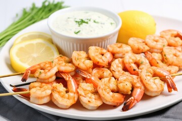 Sticker - shrimp skewers on a ceramic platter with a garlic butter dip