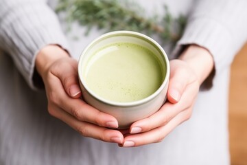 Wall Mural - hand holding matcha latte in ceramic cup