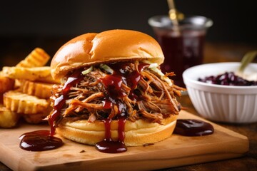 Poster - pulled pork sandwich bathed in barbecue sauce