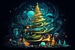 Illustration - Adventurous Christmas Tree Graphic: A vibrant neon design featuring a whimsical tree formed from gifts and ornaments, set against a dark background. Created with AI technology