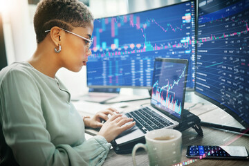 Canvas Print - Trading, woman and computer with programming, laptop and stock market with investment, savings and internet. Person, investor and employee with a pc, connection and code with website info and typing