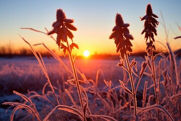 Wall Mural - frosty wildflowers silhouetted against the sunrise