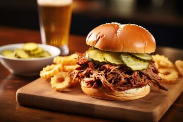 Poster - burger with torn bbq pulled pork and cucumber pickles