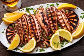 Wall Mural - top shot of grilled octopus served with lemon slices