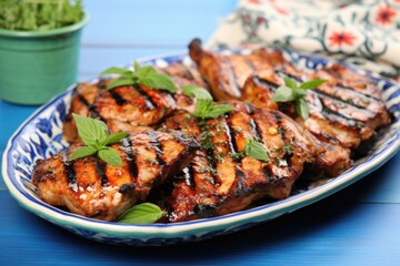 Sticker - grilled pork chops on a blue ceramic platter with herb garnish