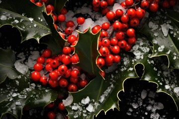 Wall Mural - close-up of holly leaves and berries in snow