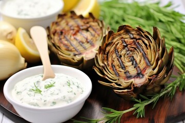 Sticker - grilled artichokes with a spoon of creamy garlic dip on top