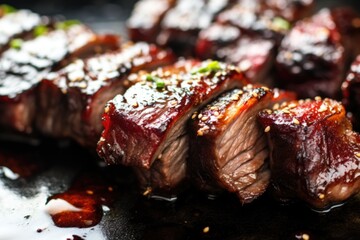 Wall Mural - close-up of charred ribs with shiny sauce glaze