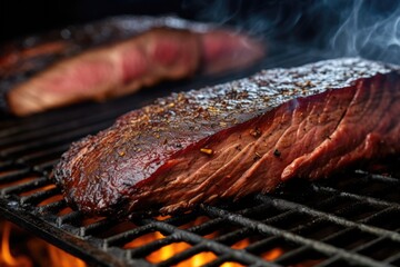 Sticker - brisket slices on a bbq grill with smoke