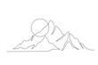 Continuous one line drawing of mountain landscape with sunrise. High mounts peak lineart drawing vector design. Adventure, winter sports, hiking and tourism concept.
