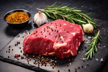 Sticker - raw beef roast with garlic and rosemary on a stone countertop