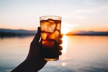 Wall Mural - hand holding a glass of iced coffee with sunset in the background