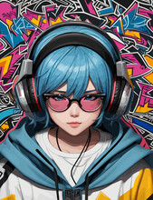 Anime Blue Hair Girl Listening To Music 