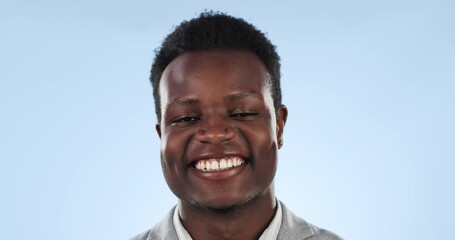 Poster - Black businessman, smile and proud of success in studio, positive mindset and motivation or confidence. Happy person, entrepreneur and ceo of startup company by blue background in mockup with face