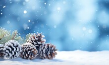 Closeup Of Pine Branch With Pine Cones And Snow, Defocused Blurred Background With Snow And Snowflakes. Christmas Winter Holiday Greeting Card.